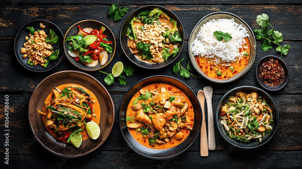 Assortment of Asian dishes with curry, rice noodles, fresh herbs, vegetables, and peanuts on dark wooden table. Assortment of Asian dishes with curry, rice noodles, fresh herbs, vegetables, and peanuts on dark wooden table.