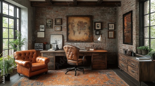 Wallpaper Mural A rustic home office with exposed brick walls, cozy lighting, and a leather chair. Torontodigital.ca