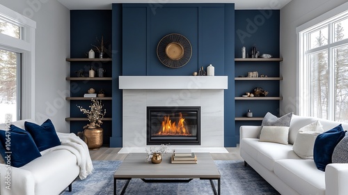 Minimalist living room with a fireplace