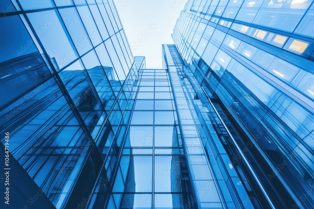 A view of modern glass buildings reflecting the sky and surrounding structures. A view of modern glass buildings reflecting the sky and surrounding structures.