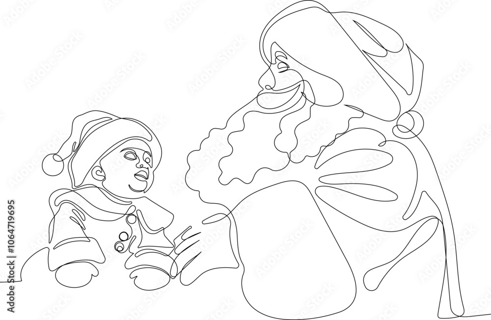 Outlined Cute Santa Claus Cartoon Character With A Sack Full Of Gifts. Vector Hand Drawn Illustration. One continuous line drawing Santa Claus on reindeer and sled. concept for Christmas and New Year Outlined Cute Santa Claus Cartoon Character With A Sack Full Of Gifts. Vector Hand Drawn Illustration. One continuous line drawing Santa Claus on reindeer and sled. concept for Christmas and New Year