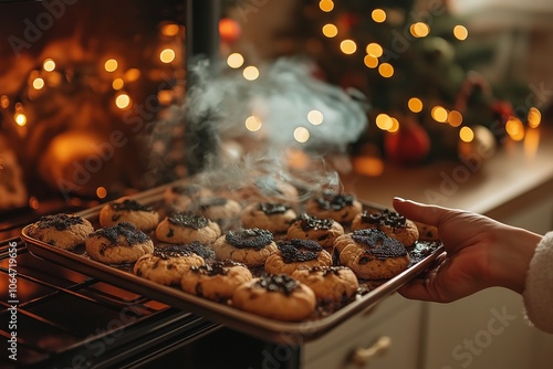 A hand pulling a tray of burnt Christmas cookies from the oven, with smoke rising and a decorated Christmas tree in the background, capturing a humorous holiday baking mishap