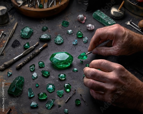 An artisan hand-polishing a large emerald on a jeweler's desk, with various precious gemstones scattered around. photo