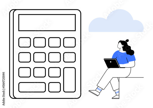 Woman sitting with laptop next to oversized calculator and cloud icon. Ideal for finance, technology, education, remote work, data analysis, cloud computing, business. Line metaphor