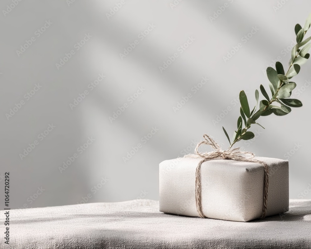 An elegant setup of a minimalist gift box on a table with textured fabric, accented by organic shadows from nearby plants, emphasizing a natural and sophisticated look. An elegant setup of a minimalist gift box on a table with textured fabric, accented by organic shadows from nearby plants, emphasizing a natural and sophisticated look.
