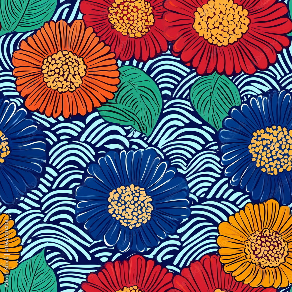 Seamless Pattern: Vibrant floral pattern with red, orange, blue, and yellow flowers on a blue wavy background. This pattern is perfect for textile or graphic design. Seamless Pattern: Vibrant floral pattern with red, orange, blue, and yellow flowers on a blue wavy background. This pattern is perfect for textile or graphic design.