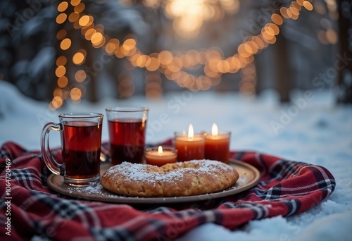 Festive winter dinner with gourmet burger and red wine under fairy lights in a snowy landscape photo