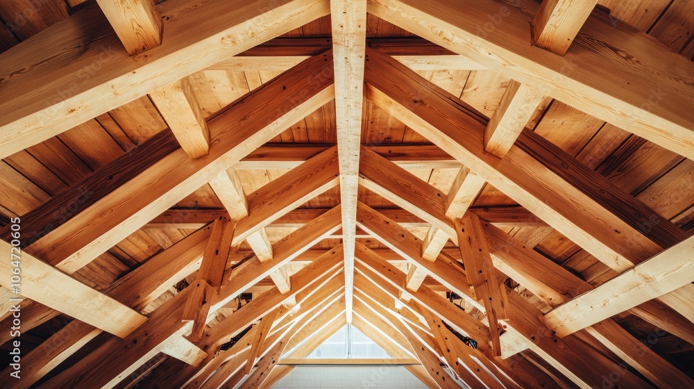 Detailed wooden truss structure from the inside with beams interlocking to form a robust and architectural framework Detailed wooden truss structure from the inside with beams interlocking to form a robust and architectural framework