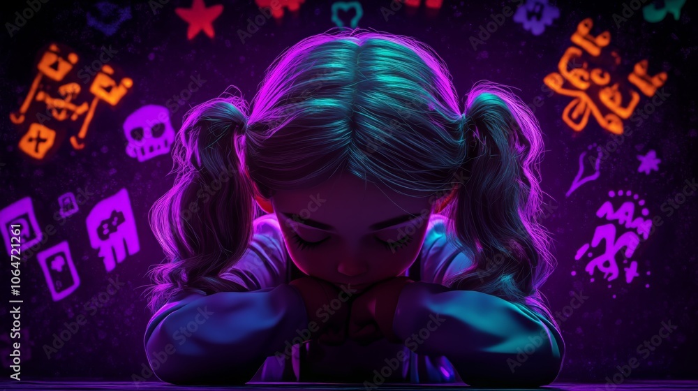 Contemplative girl with neon graffiti background under uv light Contemplative girl with neon graffiti background under uv light