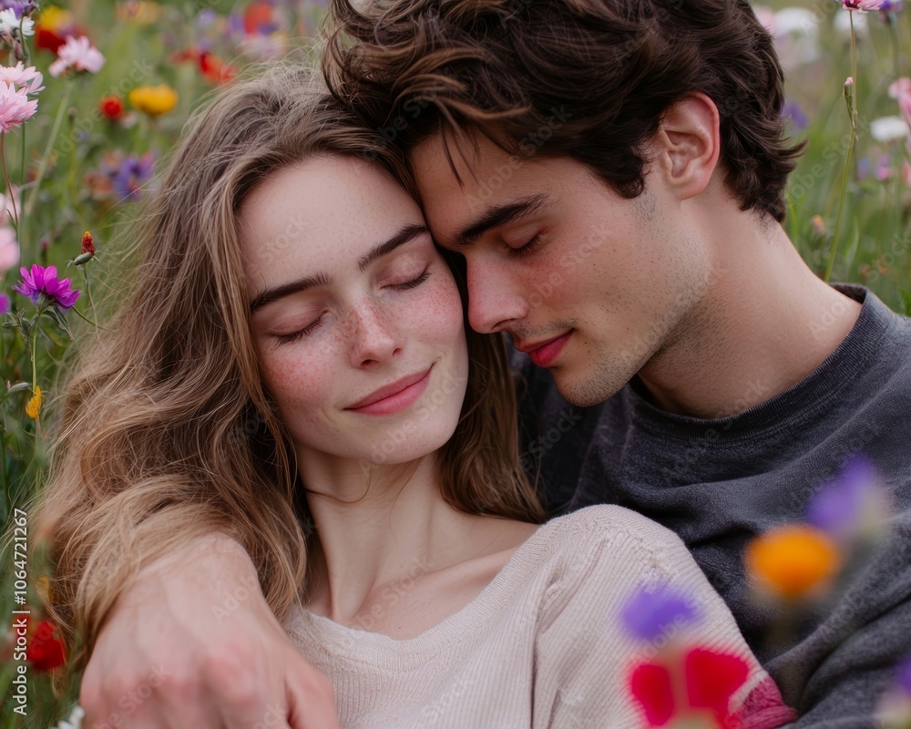 Close embrace of a couple in nature, surrounded by vibrant wildflowers, with warm tones and a soft focus Close embrace of a couple in nature, surrounded by vibrant wildflowers, with warm tones and a soft focus