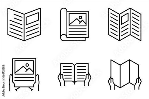brochure linear icon set. Advertising pamphlet thin line illustration on white background