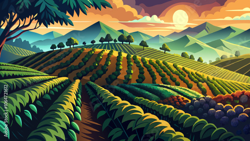 Rows of coffee plants stretching across a hillside, early morning light casting long shadows