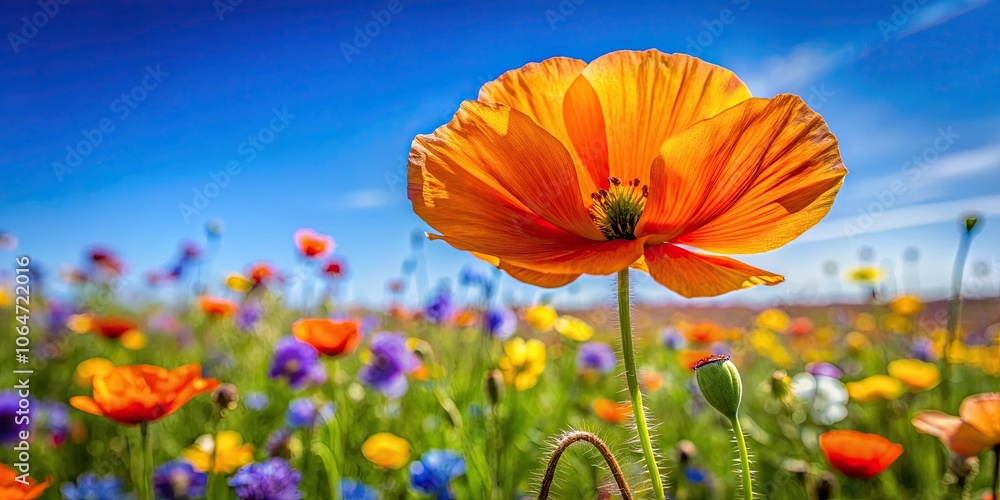 Obraz premium Close-up of vibrant orange poppy amidst wildflowers under clear blue sky, orange poppy, wildflowers, field, nature, close-up