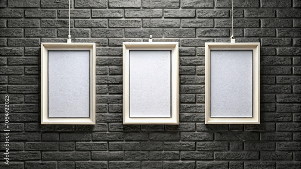 Three blank picture frames hanging on black brick wall, interior design, home decor, empty frames Three blank picture frames hanging on black brick wall, interior design, home decor, empty frames