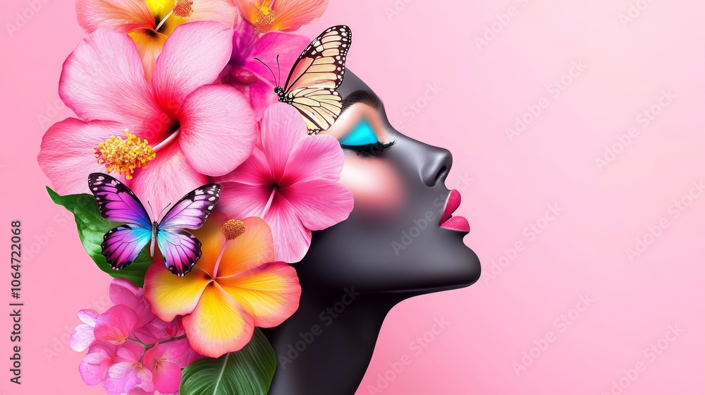 Naklejka premium Elegant black silhouette of a womans face adorned with bright tropical flowers and a delicate butterfly, set against a pastel pink background.