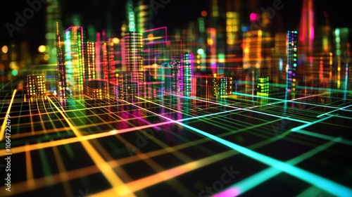 High-tech data network with vibrant color grids overlaying a miniature cityscape representing futuristic connectivity photo