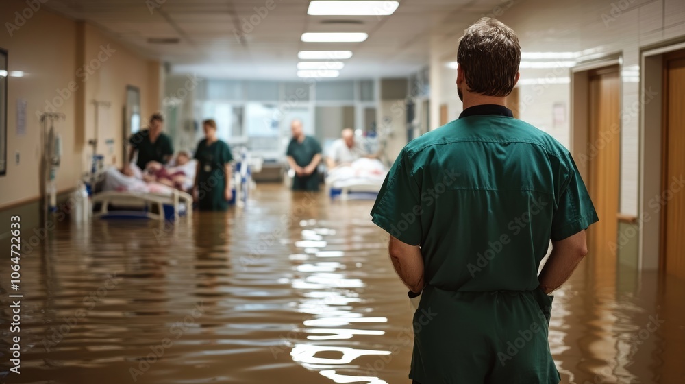 Hospital staff member standing at the end of a flooded hallway showing concern as medical personnel in the background attend to patients with urgency Hospital staff member standing at the end of a flooded hallway showing concern as medical personnel in the background attend to patients with urgency