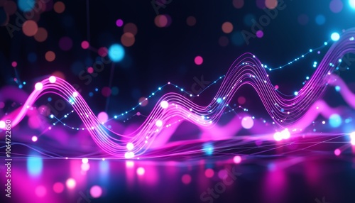 Glowing data trend line with neon colors, smooth curves, and dark gradient background for futuristic vibe