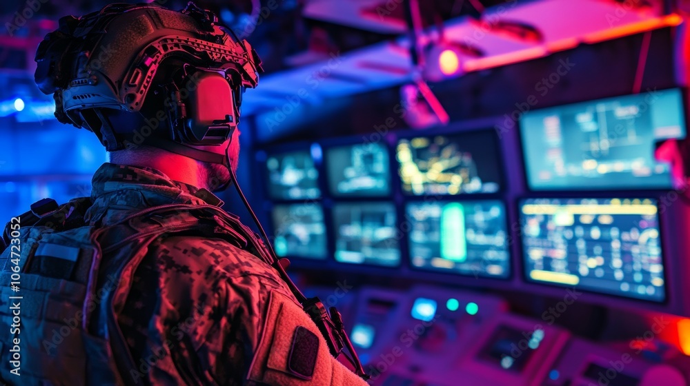 Military operator in a neon-lit command center tactical gear visible viewing a strategy-filled control room with screens Military operator in a neon-lit command center tactical gear visible viewing a strategy-filled control room with screens