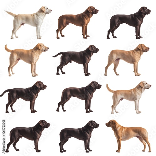 Labrador Retrievers in Various Coat Colors Shown in Side View Full Body Isolated on White Background