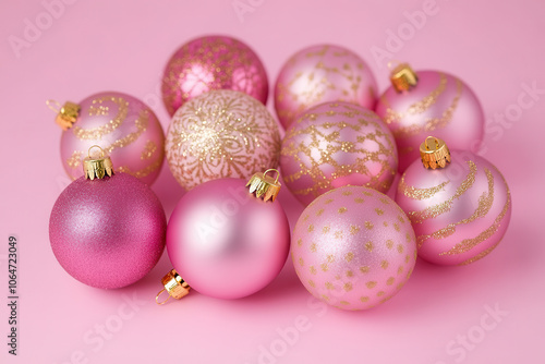 Pink Christmas balls with gold patterns create festive and elegant holiday atmosphere