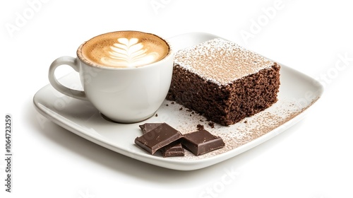 Delectable Chocolate Cake and Aromatic Coffee Pairing on Clean White Display