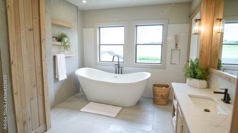Modern farmhouse bathroom with Scandinavian design elements featuring a large freestanding tub neutral tones and natural wood accents Modern farmhouse bathroom with Scandinavian design elements featuring a large freestanding tub neutral tones and natural wood accents