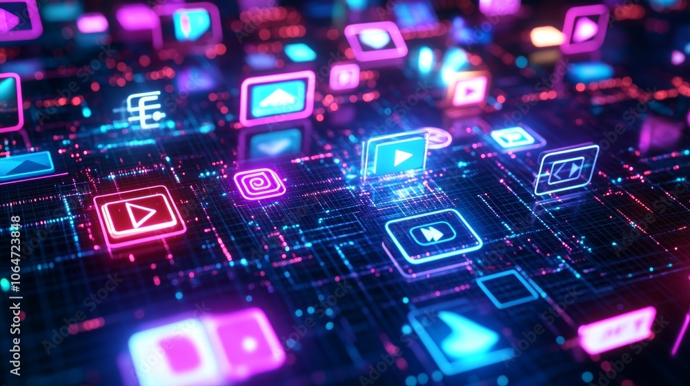 Neon-lit scene showcasing digital content icons social network services streaming video platforms and NFTs with a futuristic vibrant glow