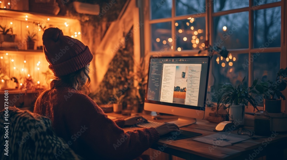 Person sitting at a desk working on a computer in a cozy dimly lit room creating a warm and focused workspace ambiance Person sitting at a desk working on a computer in a cozy dimly lit room creating a warm and focused workspace ambiance