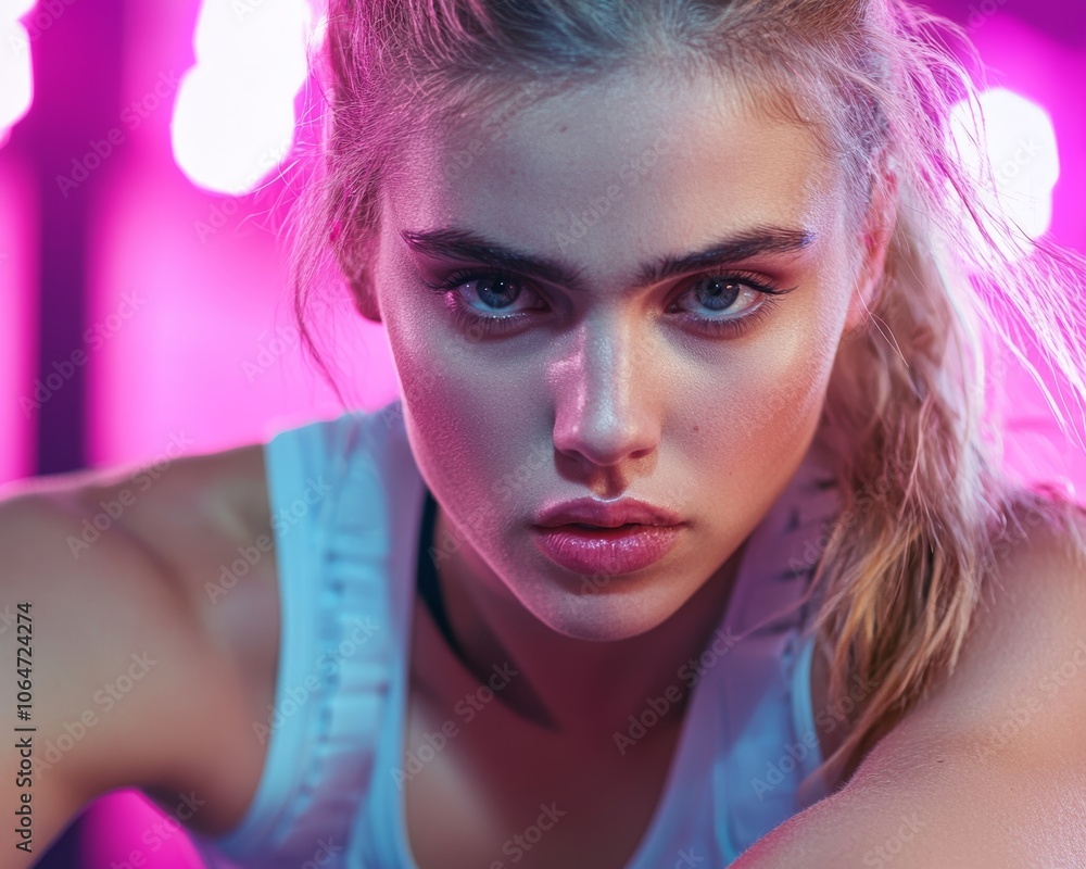 Retro 80s fitness queen in neon gym, intense focus, vibrant pink and purple lights Retro 80s fitness queen in neon gym, intense focus, vibrant pink and purple lights