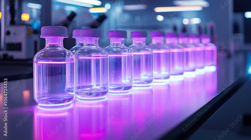 Row of clear glass bottles on a sleek laboratory counter illuminated by vibrant neon lights creating a futuristic glow around each bottle Row of clear glass bottles on a sleek laboratory counter illuminated by vibrant neon lights creating a futuristic glow around each bottle