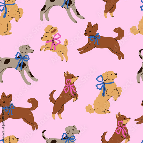 Seamless pattern with cute dogs with colorful ribbons on their necks. Vector graphics.