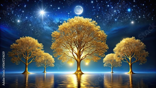 Golden trees of life on abstract blue canvas showered by moonlight, golden, trees, life, abstract, blue, canvas, moonlight