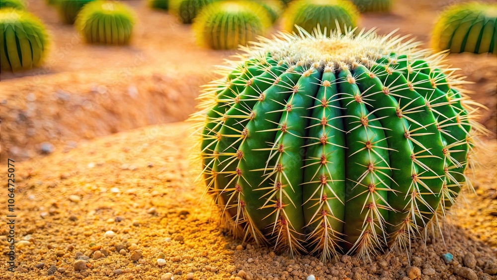 Close up of a vibrant green barrel cactus surrounded by desert sand, barrel cactus, cactaceae, succulent, green, spiny, prickly Close up of a vibrant green barrel cactus surrounded by desert sand, barrel cactus, cactaceae, succulent, green, spiny, prickly