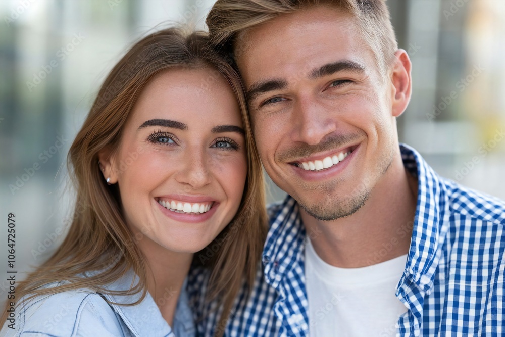 Portrait of young couple smiling with happiness outdoors Portrait of young couple smiling with happiness outdoors