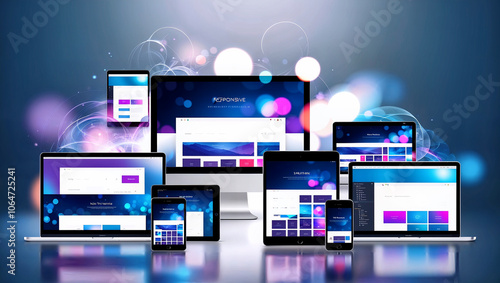 ウェブサイト開発の未来を象徴するレスポンシブデザインが多様なデバイスで展開する。生成AI
