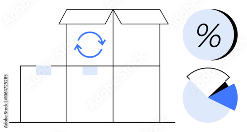 Boxes stacked with circular arrow indicating recycling or shipping. Pie chart and percentage icons nearby. Ideal for logistics, inventory, e-commerce, shipping, recycling, data analysis, supply