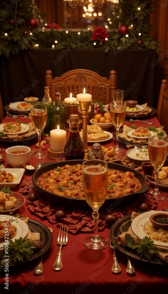 Elegant festive dinner table set with gourmet dishes and sparkling drinks in a cozy ambiance
Elegant festive dinner table set with gourmet dishes and sparkling drinks in a cozy ambiance