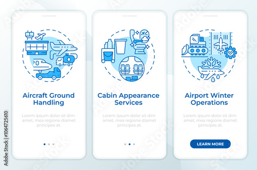 Aircraft ground service blue onboarding mobile app screen. Walkthrough 3 steps editable graphic instructions with linear concepts. UI, UX, GUI template. Montserrat SemiBold, Regular fonts used