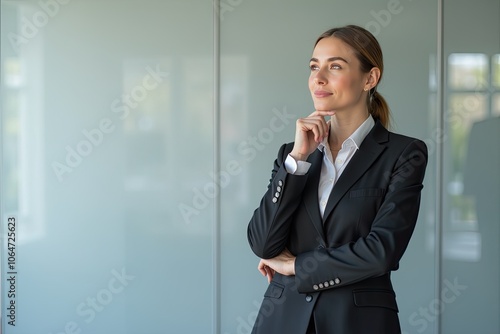 portrait of smiling businesswoman in conference room with hand on her chin, looking up as if thinking about something Generative ai