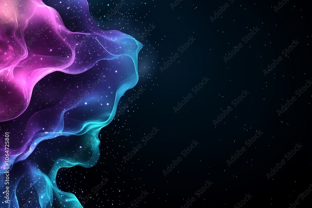 A cosmic-inspired vaporwave gradient with neon pink, purple, and teal waves, resembling a nebula against a starry black background, creating an ethereal, futuristic space scene
