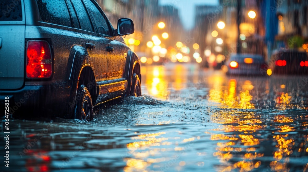 Vehicle carefully moving through flooded streets at twilight rain reflecting in city lights capturing a serene yet challenging urban scene Vehicle carefully moving through flooded streets at twilight rain reflecting in city lights capturing a serene yet challenging urban scene