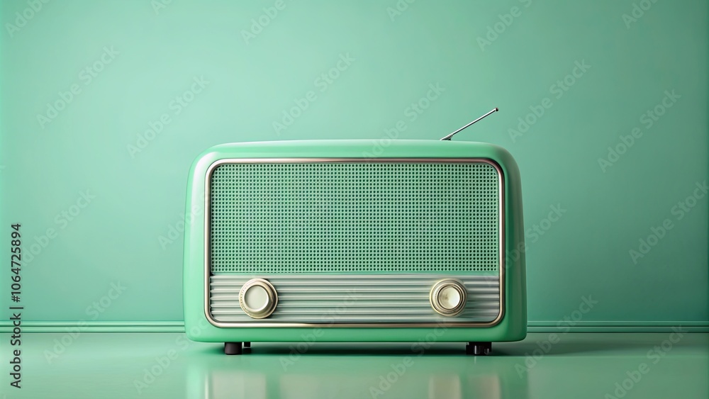 Obraz premium Vintage mint green radio on monochrome background, retro, technology, music, old, antique, communication, device