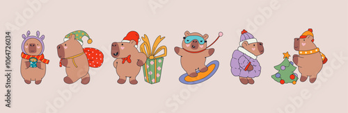 Set of cute capybaras. Winter. New year. Trendy vector illustration.