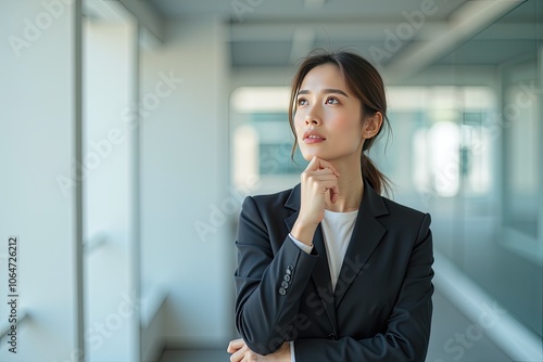 portrait of smiling businesswoman in conference room with hand on her chin, looking up as if thinking about something Generative ai