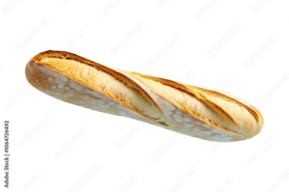 A delicious crusty French baguette isolated on white transparent background, concept of fresh bread. A delicious crusty French baguette isolated on white transparent background, concept of fresh bread.