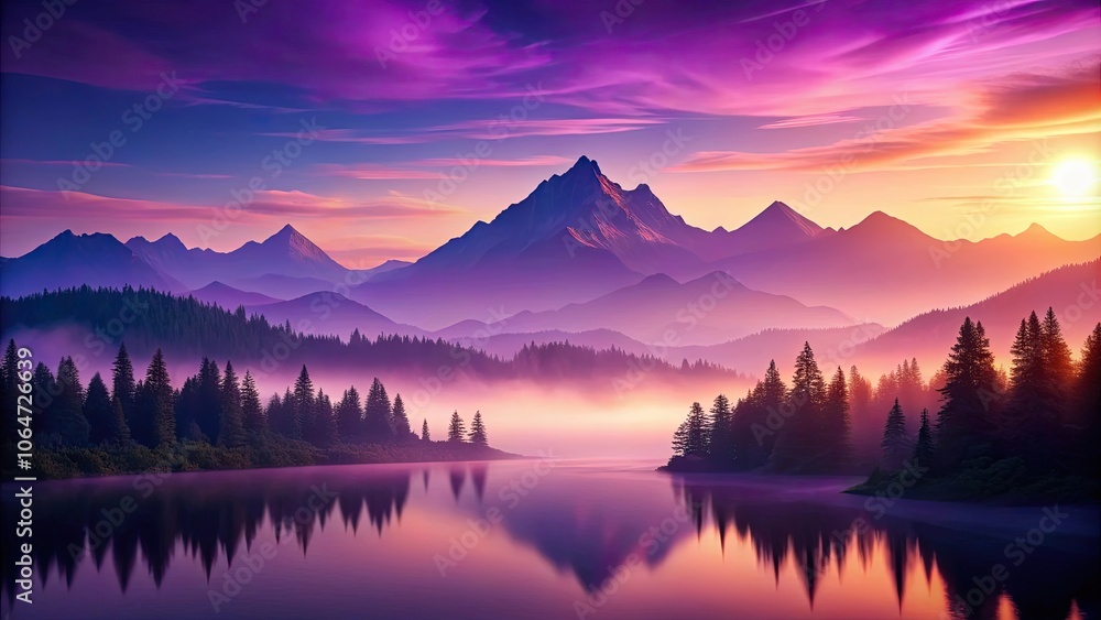Stylized landscape with a mountain view at sunset in purple and violet hues , sunset, mountains, landscape, purple, violet Stylized landscape with a mountain view at sunset in purple and violet hues , sunset, mountains, landscape, purple, violet