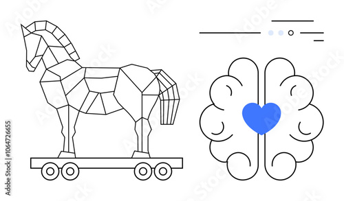 Stylized geometric Trojan horse on wheels beside a brain with a blue heart in the center. Ideal for technology, psychology, emotional intelligence, cybersecurity, strategy, health, and education