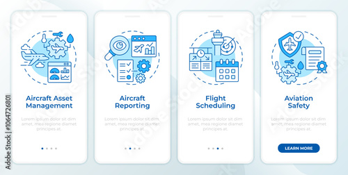 Aviation compliance management blue onboarding mobile app screen. Walkthrough 4 steps editable graphic instructions with linear concepts. UI, UX, GUI template. Montserrat SemiBold, Regular fonts used