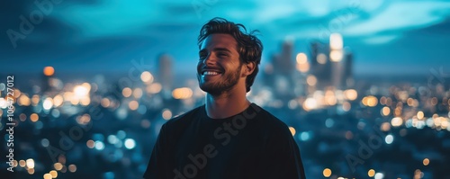 Young man in casual outfit radiating a genuine smile, embodying happiness and confidence. photo